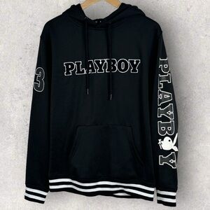 Playboy Black Hoodie Mens Size Small Hooded Sweatshirt Bunny Spellout Logo Comfy